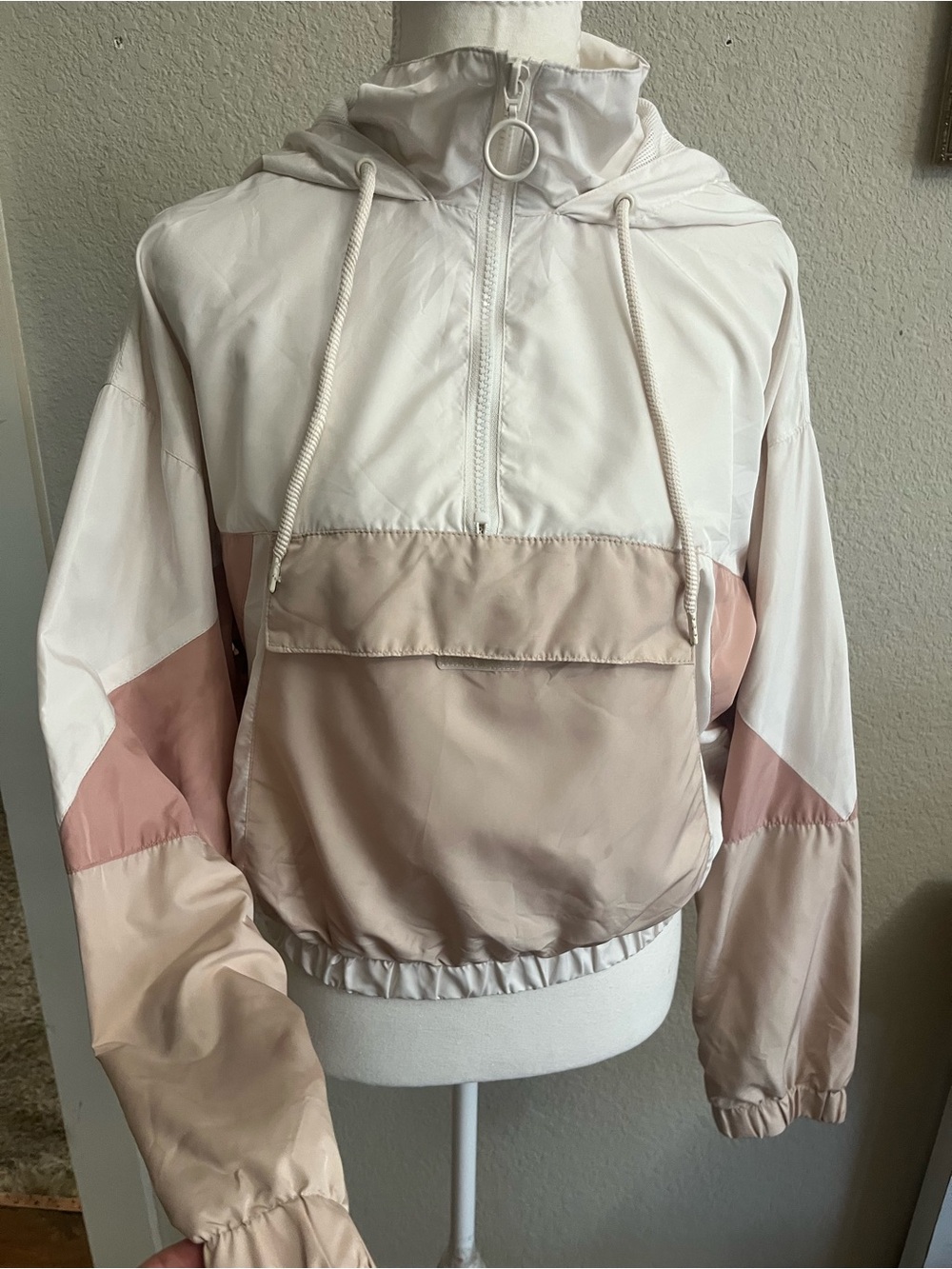 Forever 21 White, Cream & Light Pink Hooded Colorblock Windbreaker